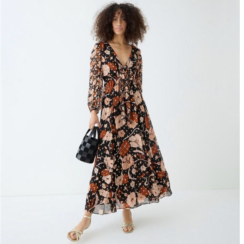 J. CREW COLLECTION MIXED PRINT TIE FRONT LUREX MAXI DRESS SZ SMALL - Picture 1 of 15